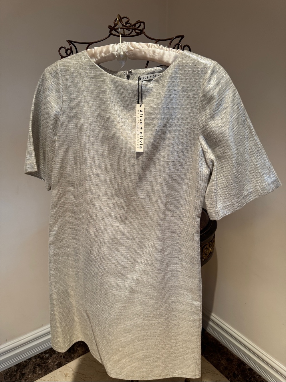 Alice + Olivia Metallic Silver Short-Sleeve Shift Dress